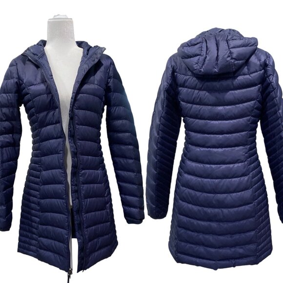 Eddie Bauer Long Down Parka Jacket Hood Navy Blue Size Small Tall - Picture 1 of 7